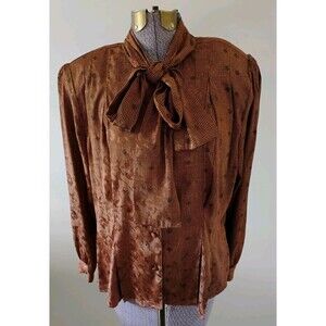 TESS Vtg Blouse 1980s Paris Milano Satin Tie Front Secretary Shoulder Pads 4 EUC